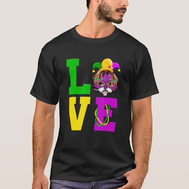 Shih Tzu Dog I Love Mardi Gras Costume Dog T-Shirt (Front)
