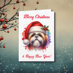 Shih Tzu Dog in Santa Hat Christmas   Card<br><div class="desc">If you love Shih Tzu and want cute  Christmas card then here ya go! Cute watercolor style ai art Shih Tzu in Santa Hat.</div>