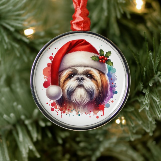 Shih Tzu Dog in Santa Hat Christmas Metal Tree Decoration (Tree)