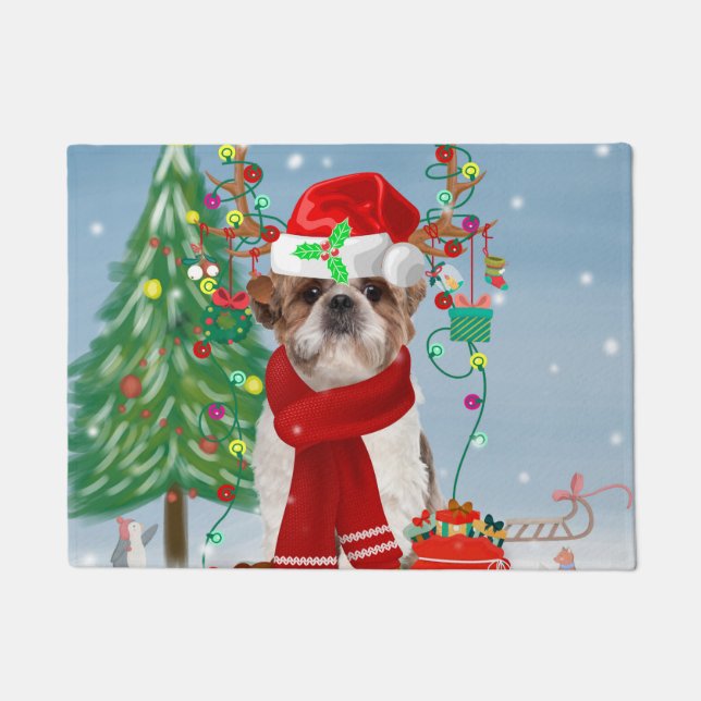 Shih Tzu Dog in Snow Christmas  Doormat (Front)