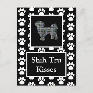 Shih Tzu Dog Kisses Silhouette Yellow & Blue Grid Postcard