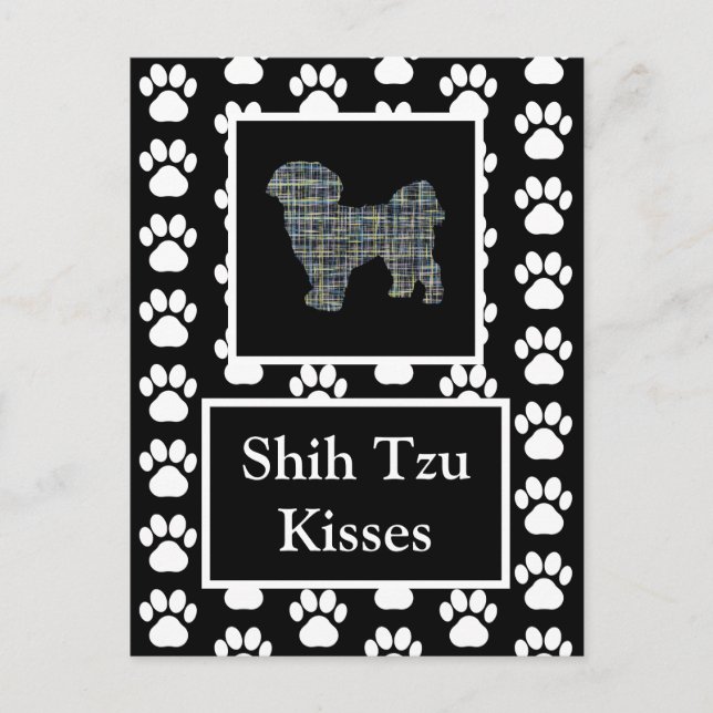 Shih Tzu Dog Kisses Silhouette Yellow & Blue Grid Postcard (Front)