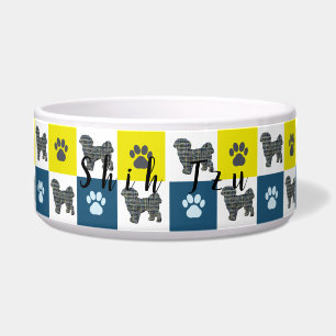 Shih Tzu Dog & Paw Print Yellow Grid Pet Bowl