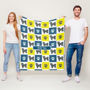 Shih Tzu Dog & Paw Print Yellow Grid Silhouette Fleece Blanket