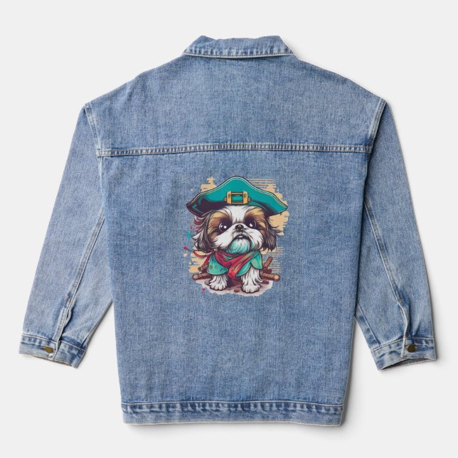Shih Tzu Dog Pirate Denim Jacket (Back)