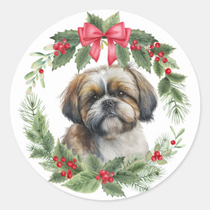 Shih Tzu Dog Red Bow Holly Wreath Classic Round Sticker