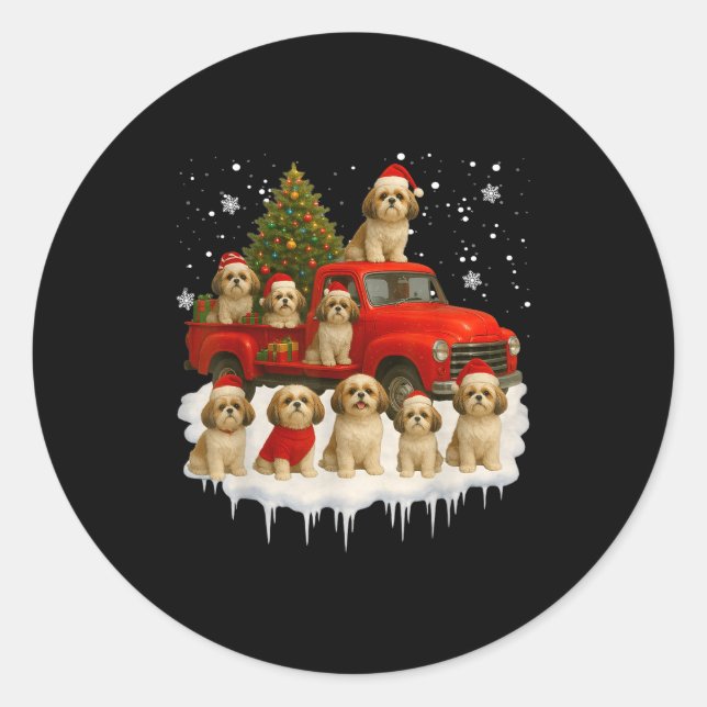 Shih Tzu Dog Red Truck Christmas Tree Santa Ugly X Classic Round Sticker (Front)