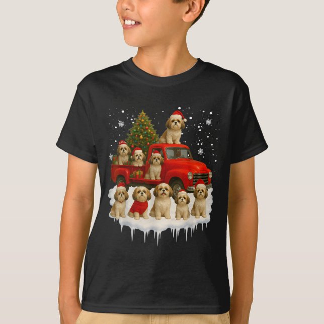Shih Tzu Dog Red Truck Christmas Tree Santa Ugly X T-Shirt (Front)