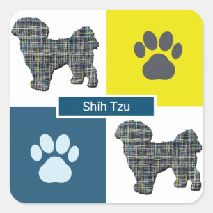 Shih Tzu Dog Silhouette & Paw Print Y&B Grid Square Sticker