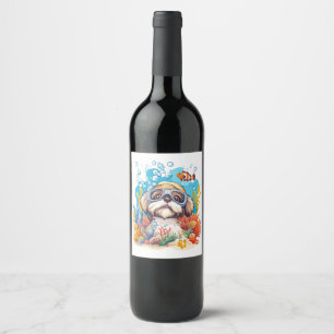 Shih Tzu Dog Snorkeling Coral Reef Wine Label