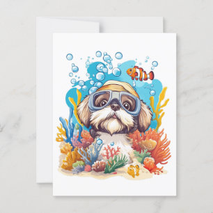 Shih Tzu Dog Snorkelling Coral Reef Postcard