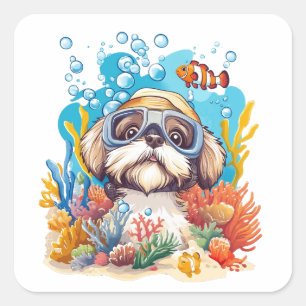 Shih Tzu Dog Snorkelling Coral Reef Square Sticker