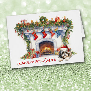 Shih Tzu Dog Wait for Santa Christmas Fireplace