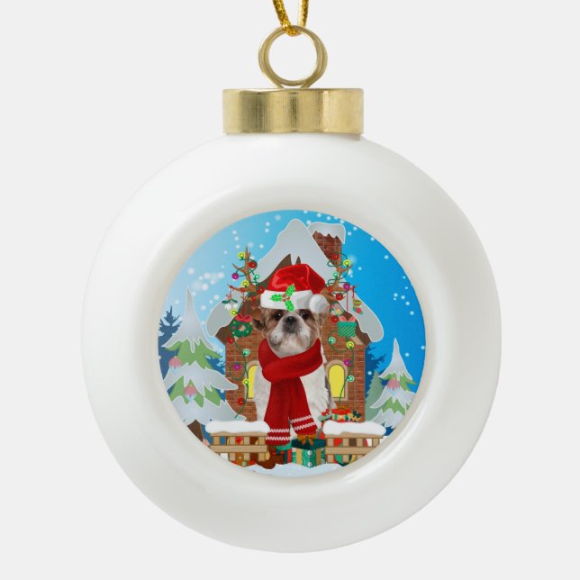 Shih Tzu dog with Christmas gifts Ceramic Ball Christmas Ornament (Front)