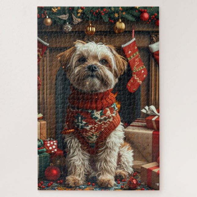 Shih Tzu Dog With Christmas Gifts Fireplace Jigsaw Puzzle (Vertical)