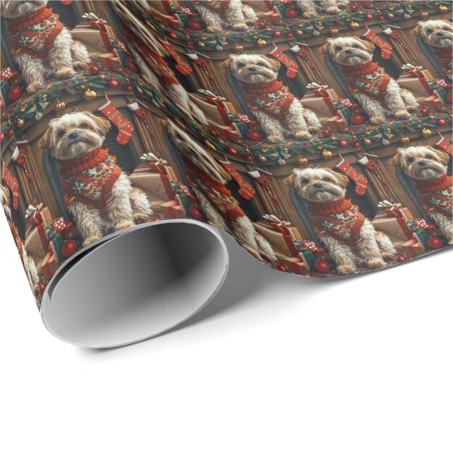 Shih Tzu Dog With Christmas Gifts Fireplace Wrapping Paper (Roll Corner)