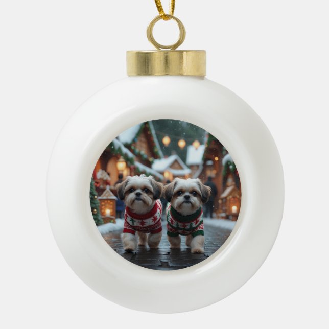 Shih Tzu Dogs Christmas Snow Holiday Ceramic Ball Christmas Ornament (Front)
