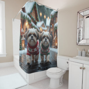 Shih Tzu Dogs Christmas Snow Holiday Shower Curtain