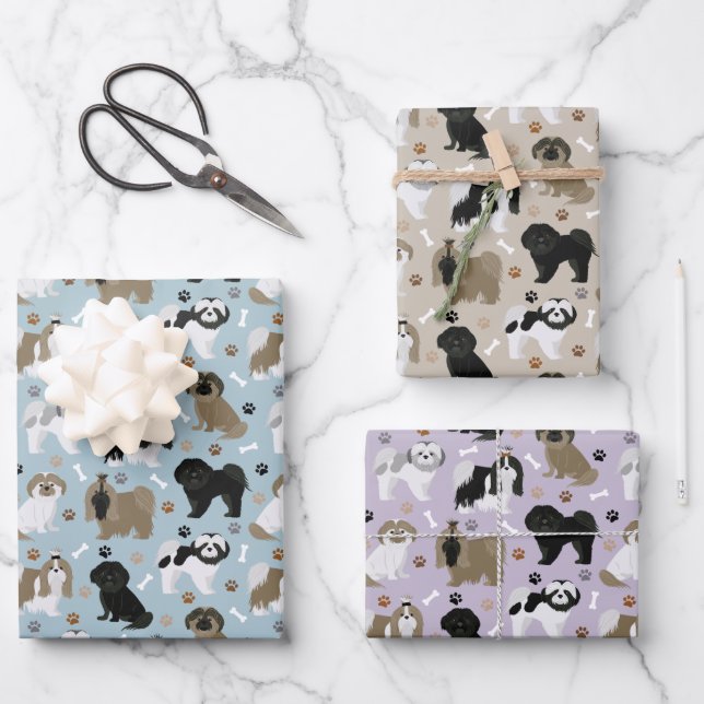 Shih Tzu Dogs Paws and Bones Wrapping Paper Sheet (Front)