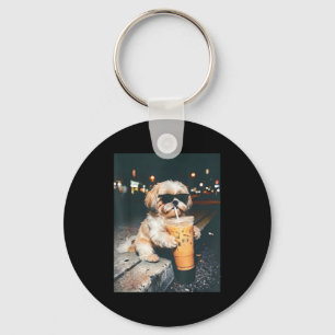 Shih tzu drinking iced coffee funny pet lifestyle key ring