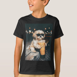 Shih Tzu Drinking Iced Coffee Funny Pet Lifestyle T-Shirt