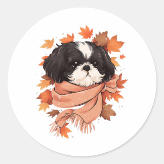 Shih Tzu Fall Dog Autumn Leaves Thanksgiving Copy  Classic Round Sticker