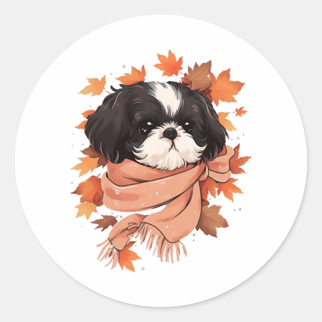 Shih Tzu Fall Dog Autumn Leaves Thanksgiving Copy  Classic Round Sticker (Front)