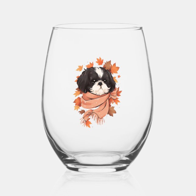 Shih Tzu Fall Dog Autumn Leaves Thanksgiving Copy  Stemless Wine Glass (Front)