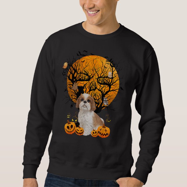 Shih Tzu Halloween Costume Moon Skull Tree Owl Men Sweatshirt (Front)