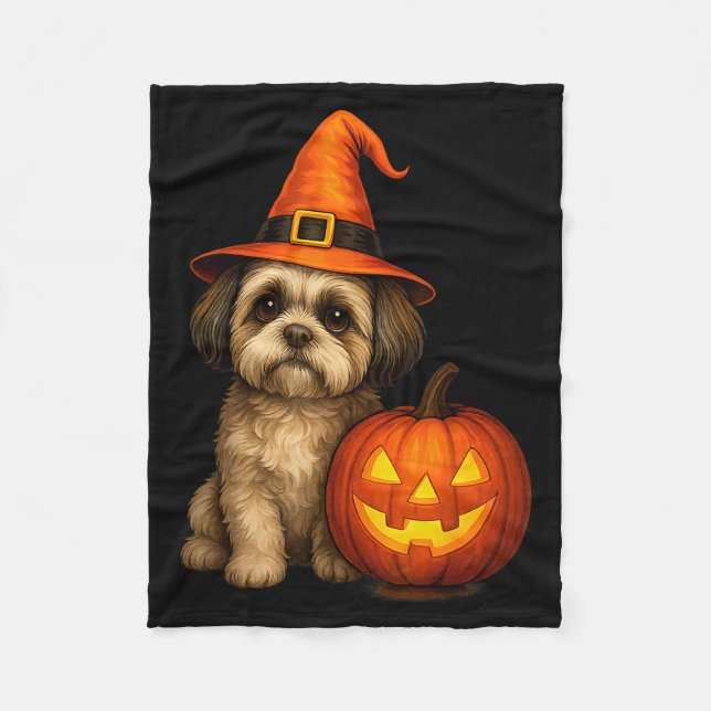 Shih Tzu Halloween Pumpkin Dog Costume Family Matc Fleece Blanket (Front)