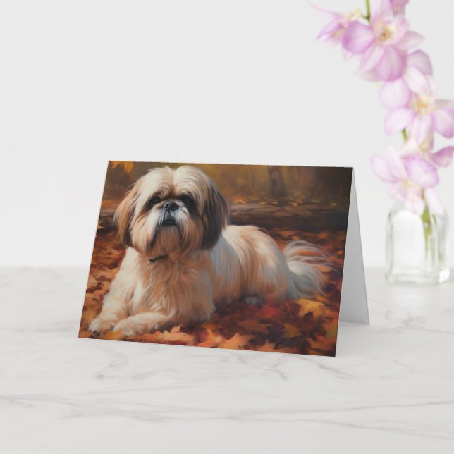 Shih Tzu in Autumn Leaves Fall Inspire Card (Orchid)