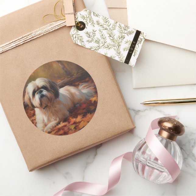 Shih Tzu in Autumn Leaves Fall Inspire Classic Round Sticker (Gifting)