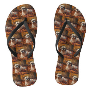 Shih Tzu in Autumn Leaves Fall Inspire Jandals
