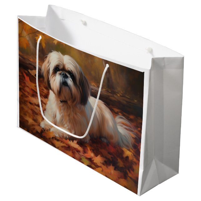 Shih Tzu in Autumn Leaves Fall Inspire Large Gift Bag (Front Angled)