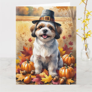 Shih Tzu In Autumn Leaves Thanksgiving Art Card