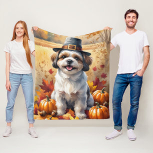 Shih Tzu In Autumn Leaves Thanksgiving Art Fleece Blanket
