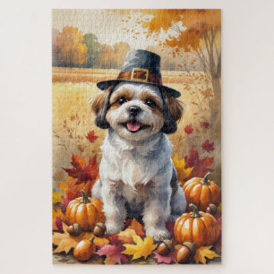 Shih Tzu In Autumn Leaves Thanksgiving Art Jigsaw Puzzle