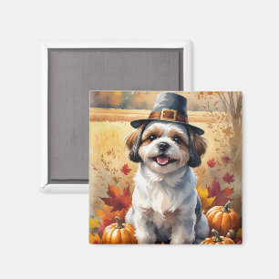 Shih Tzu In Autumn Leaves Thanksgiving Art Magnet