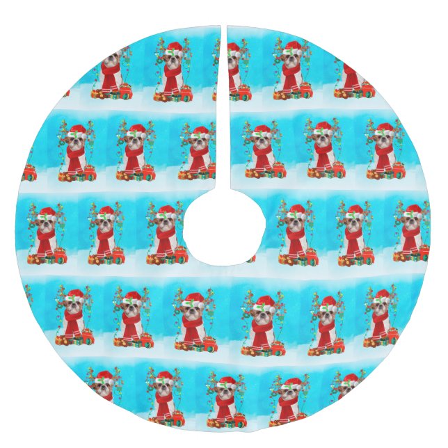 Shih Tzu in snow with Christmas gifts  Brushed Polyester Tree Skirt (Front)