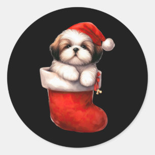 Shih Tzu In Sock Christmas Santa Hat Xmas Dog Love Classic Round Sticker