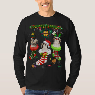 Shih Tzu In Socks Christmas Santa Hat Xmas Lights T-Shirt