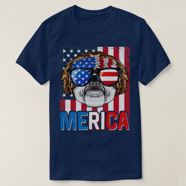 Shih Tzu Merica 4th of July Dog American Puppy Pat T-Shirt (Design Front)