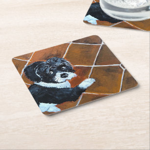 Shih Tzu on Terrace Painting by Alfred Fox Square Paper Coaster