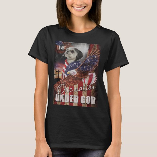 Shih Tzu One Nation Under God Flag Cross Shih Tzu T-Shirt (Front)
