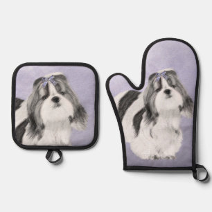 Shih Tzu Painting Black & White Original Dog Art Oven Mitt & Pot Holder Set