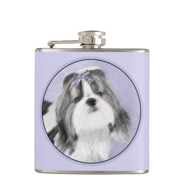 Shih Tzu Painting - Cute Original Dog Art Hip Flask (Front)