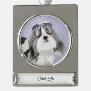 Shih Tzu Painting - Cute Original Dog Art Silver P Plated Banner Ornament