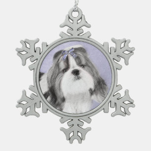 Shih Tzu Painting - Cute Original Dog Art Snowflake Pewter Christmas Ornament