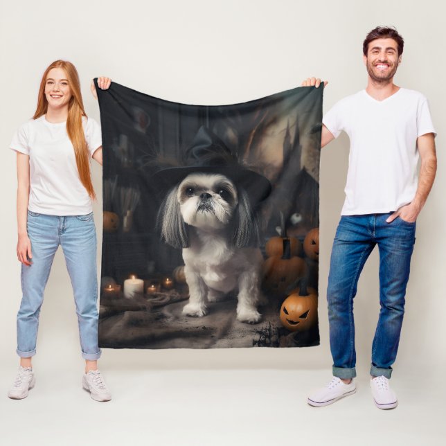 Shih Tzu Pumpkins Halloween Scary  Fleece Blanket (In Situ)