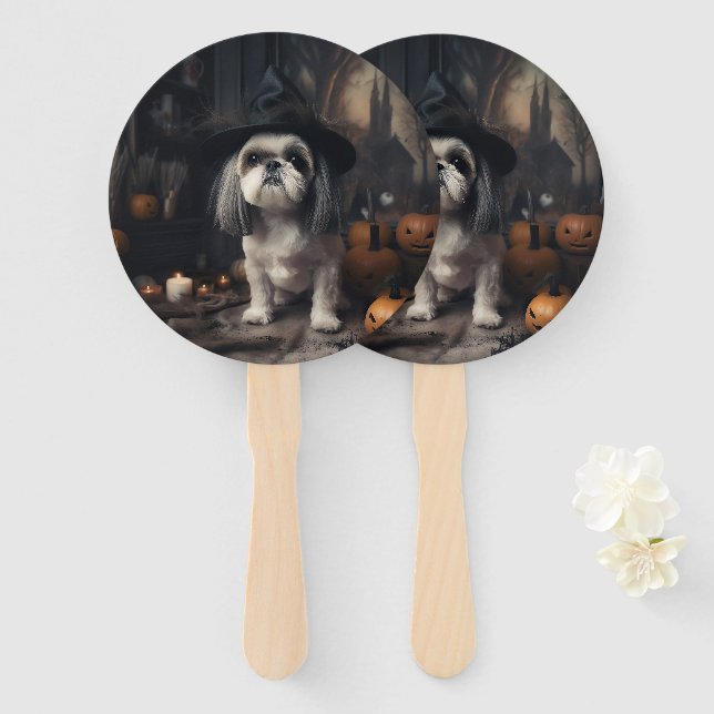 Shih Tzu Pumpkins Halloween Scary  Hand Fan (Front and Back)